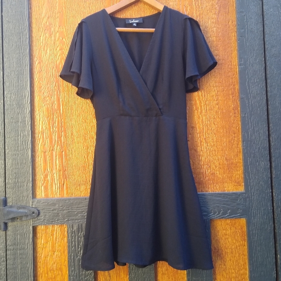 Lulu's Black Simple Little Ruffle Babydoll Wrap Cross Synched Dress Size Medium - Picture 13 of 13